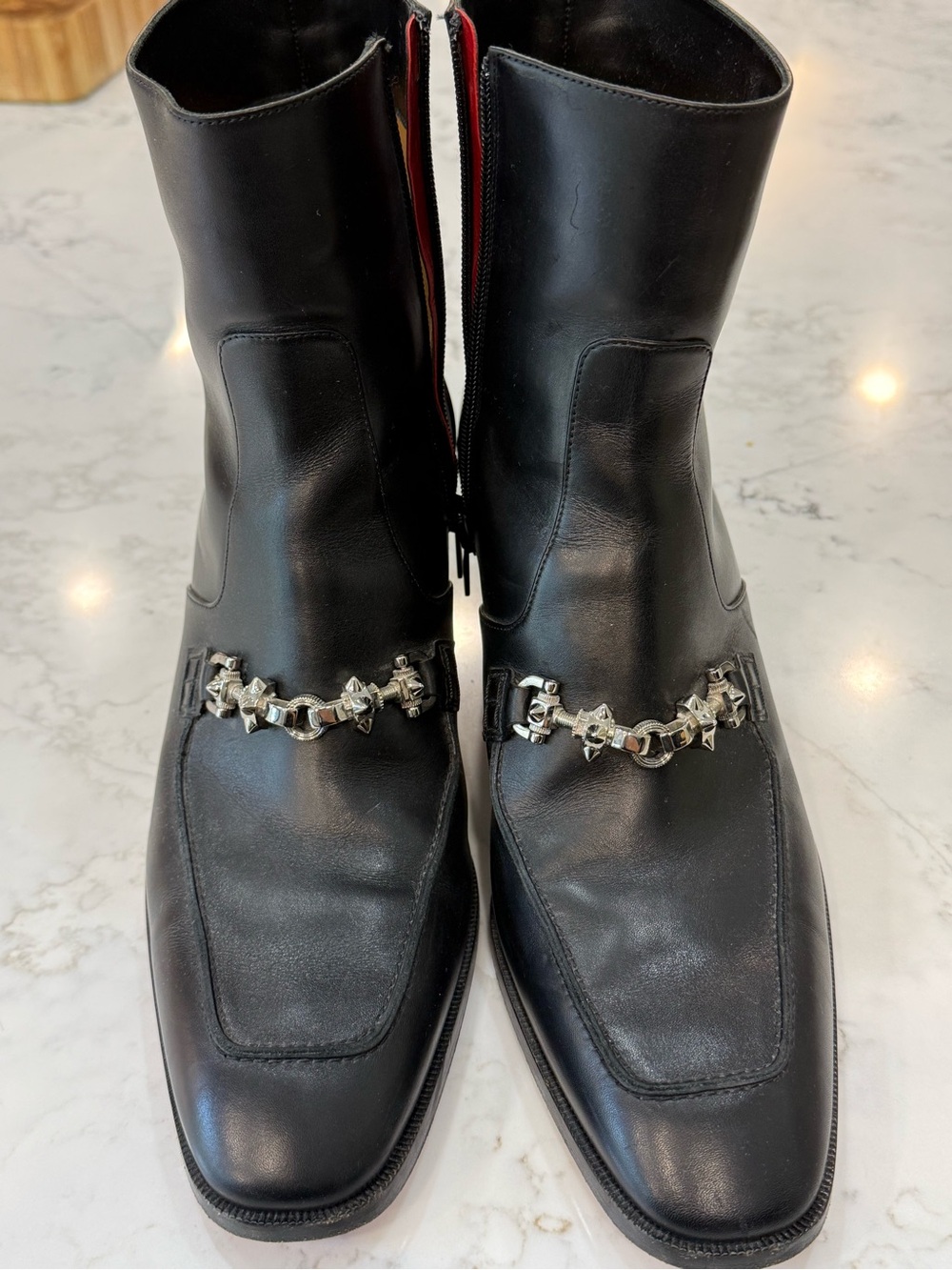 Christian Louboutin Black Leather Ankle Boot with Red Insole Trim - Picture 14 of 15
